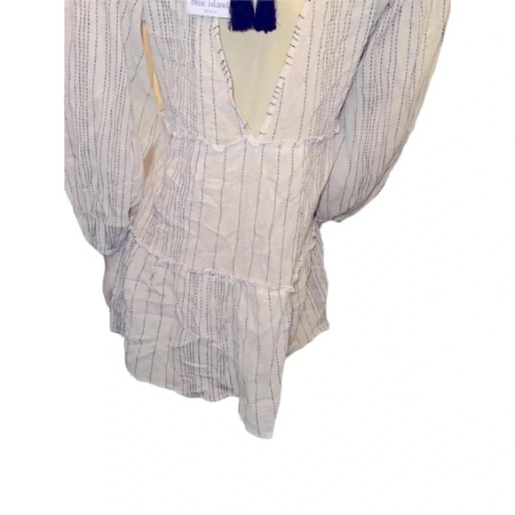 Blue Island Boho Beach Cover-Up Dress White Striped V-Neck Long Sleeve Large - Picture 7 of 11